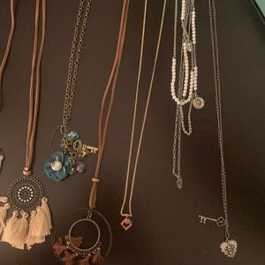 Variety of long necklaces. Suede, gold, silver and distressed metallic chains.